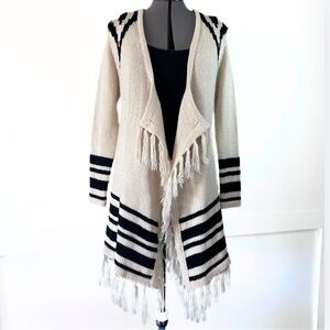 Western Style Knit Stripe Waterfall Fringe Cardigan Black & Cream Sweater- M
